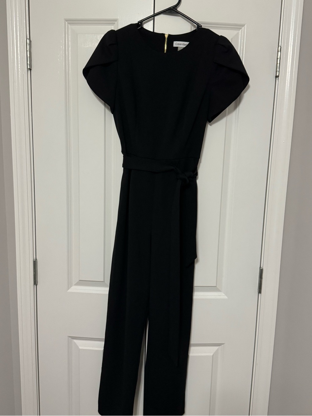 Calvin Klein Black Puff-Sleeve Belted Jumpsuit